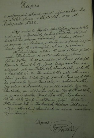 Historický zápis vzniku sboru v Sudicích
